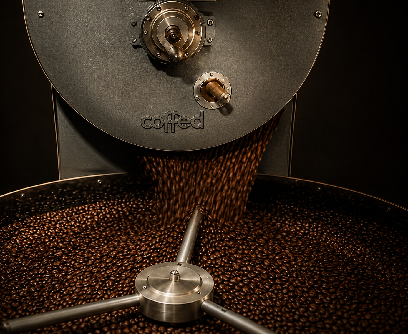 Boabe de cafea proaspăt prăjite, turnate din tobă în tava de răcire